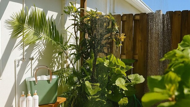 Un patio con una pérgola de madera, una bolsa de tela verde y una pequeña mesa con botellas.