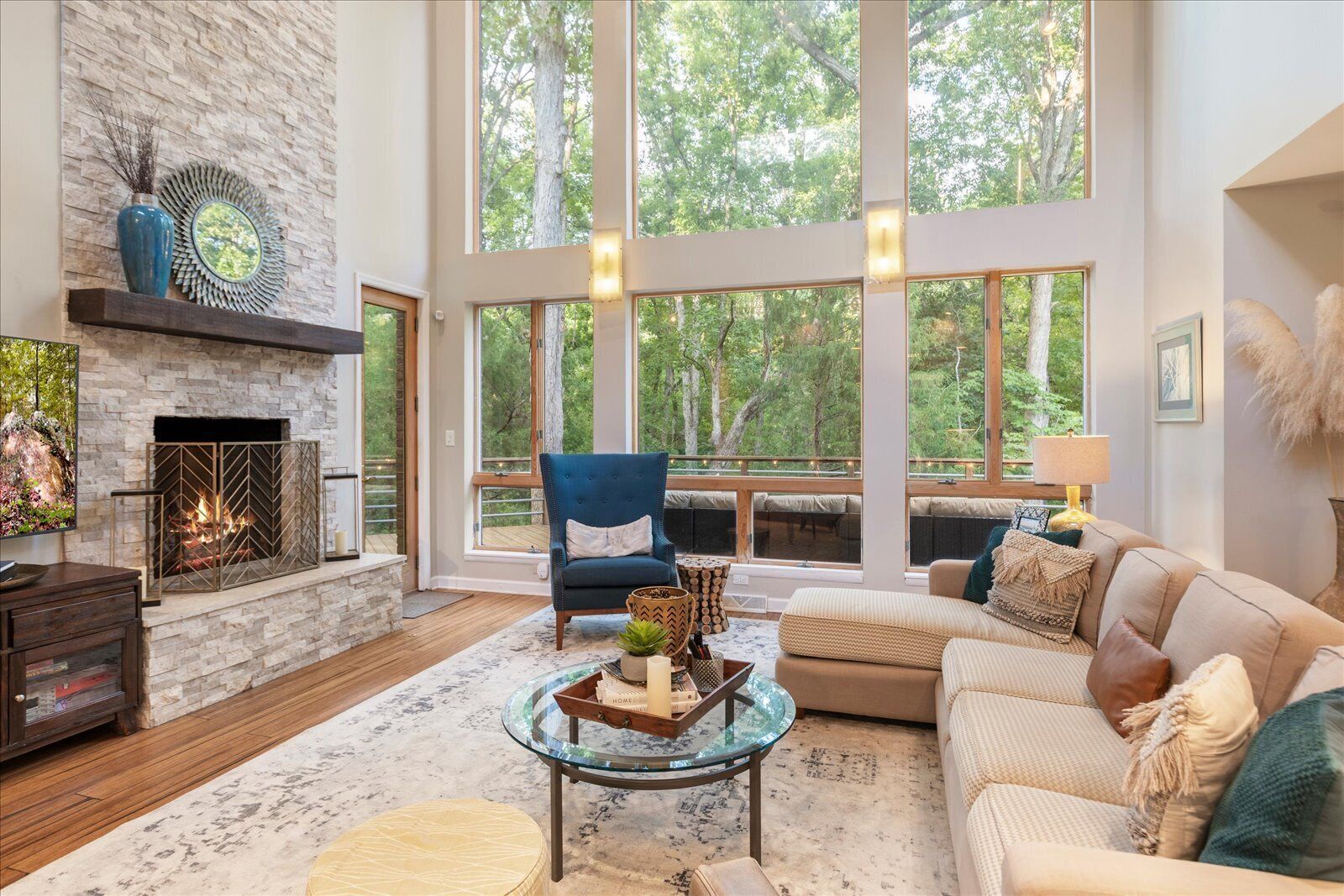 Smart TV, fireplace, books, computer monitors