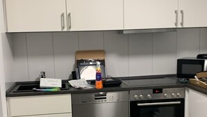 A compact kitchen with white cabinets, a dishwasher, a microwave, and an oven. - Exceptional romantic vacation apartment Sonnenschein Weinheim am Waidsee (Weinheim)