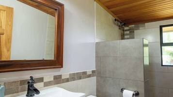 Ein Badezimmer mit Holzboden, einem weißen Waschbecken, einer Toilette und einer Duschkabine.