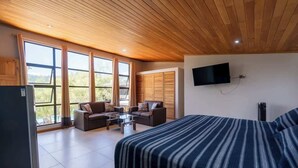 A modern room with a bed, a sofa, a coffee table, and a TV mounted on the wall. - Studio w/Pool • Near Downtown Turrialba (Turrialba)