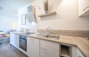 A modern kitchen with a built-in oven, a stainless steel sink, and a wooden countertop. - Nice apartment in OstseeResort Olpenitz with sauna (OstseeResort Olpenitz)