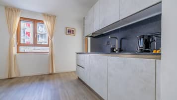 Eine moderne Küche mit Einbauherd, Spüle und Kaffeemaschine. Ein Fenster mit Vorhängen und ein Bild an der Wand sind zu sehen.