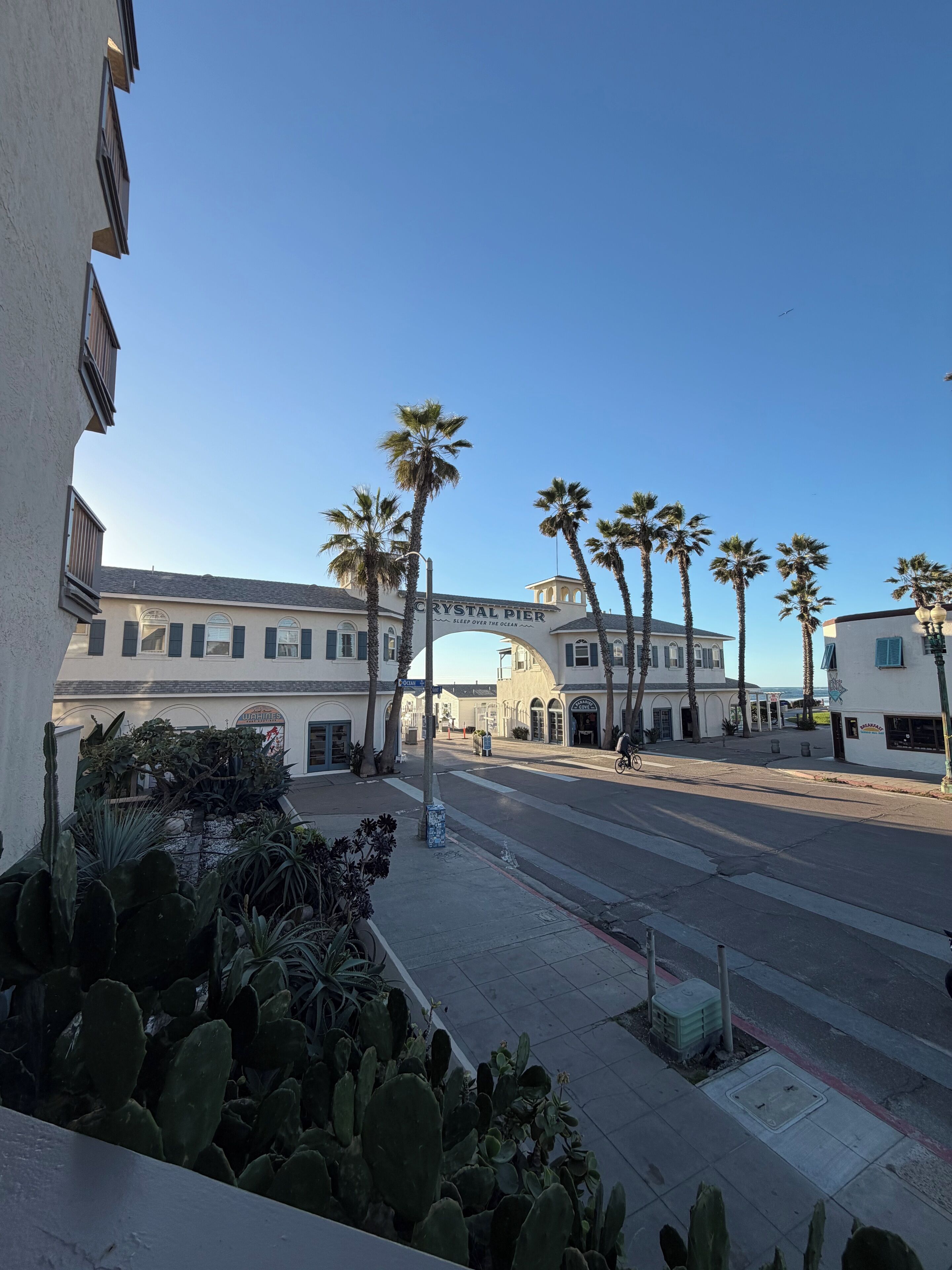 Straßenansicht mit Gebäuden, Palmen und blauem Himmel.