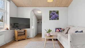A modern living room with a television, sofa, and a small table with a plant.