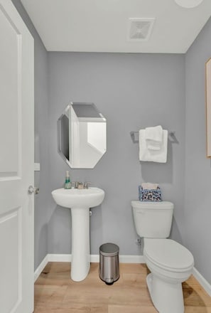 Hair dryer, towels, soap, shampoo