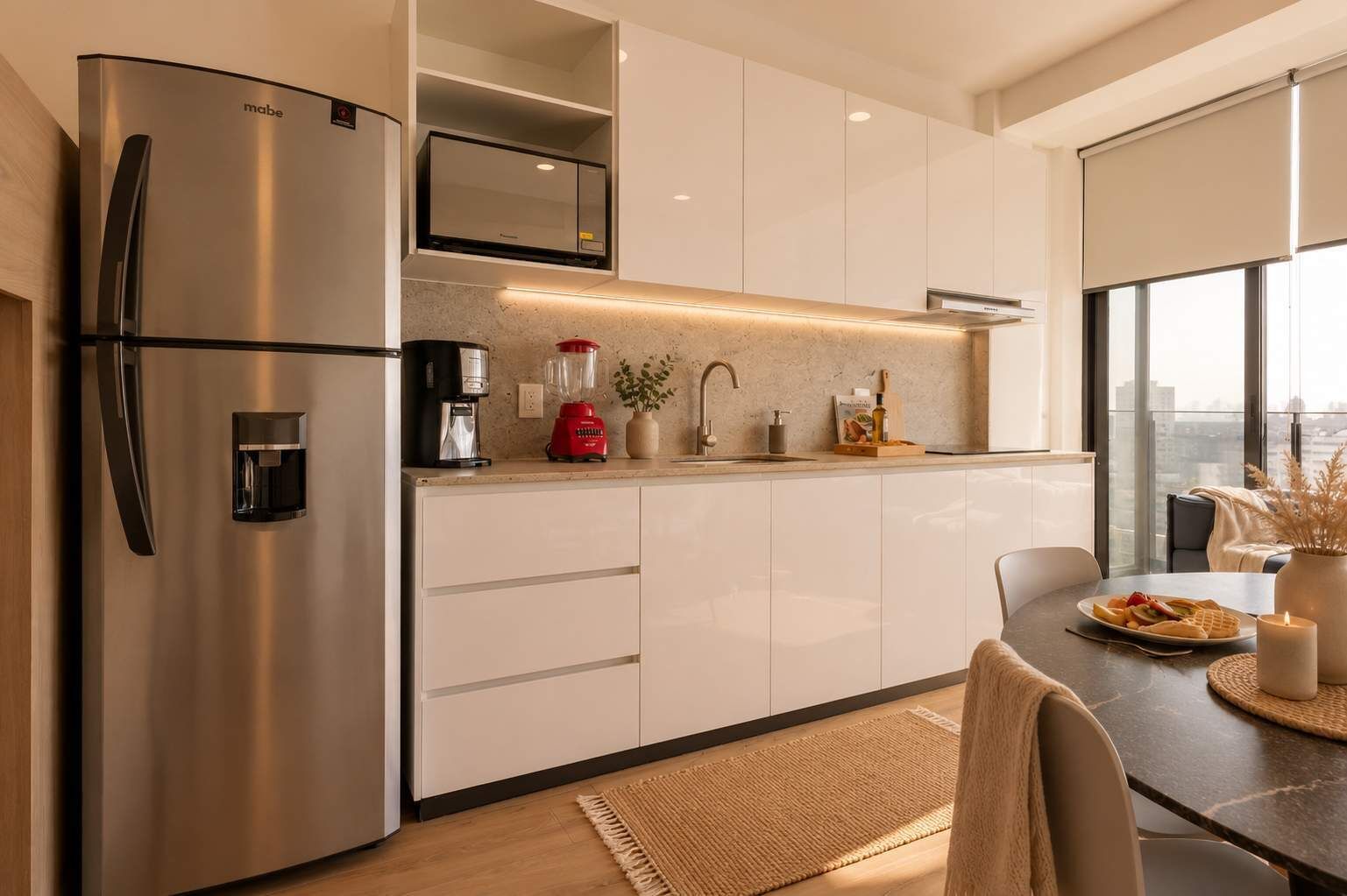 Cafetera o tetera, frigorífico, microondas y placa de cocina