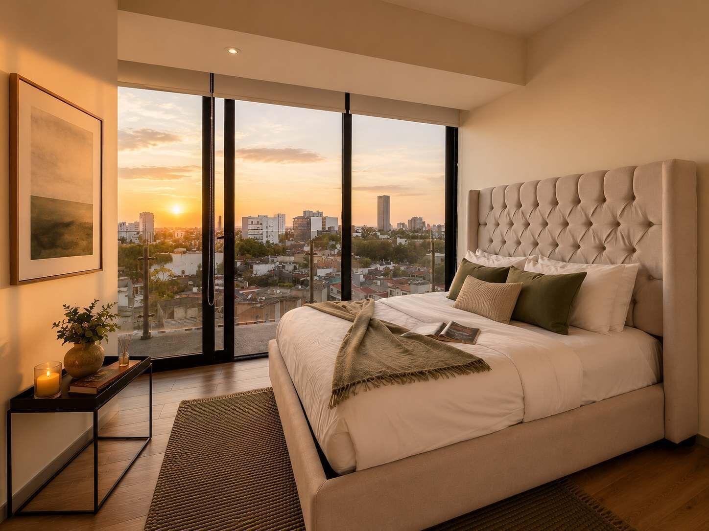 A bedroom with a large bed, a view of the cityscape through floor-to-ceiling windows, a bedside table with a vase and candle, and a framed picture on the wall.
