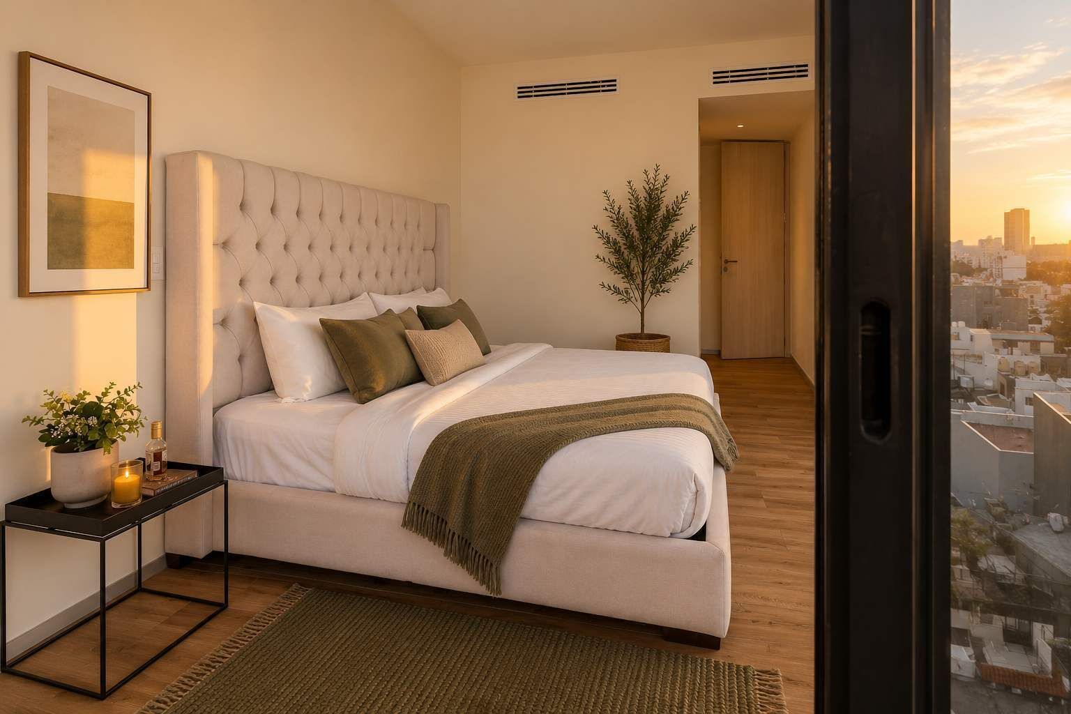 Una camera da letto con un letto grande, un comodino con una pianta, un piccolo albero in vaso e vista sulla città attraverso una finestra.