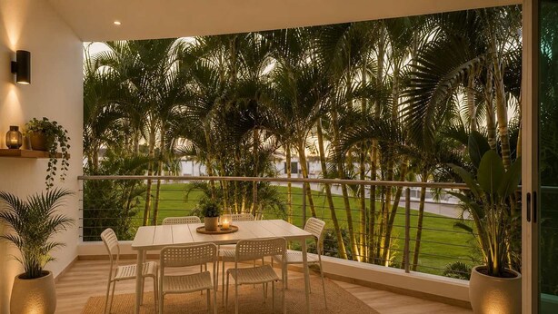 A balcony with a dining table and chairs, surrounded by potted plants and a view of a green landscape. - Beach, Pool & Relaxation in Nuevo Vallarta (Nuevo Vallarta)
