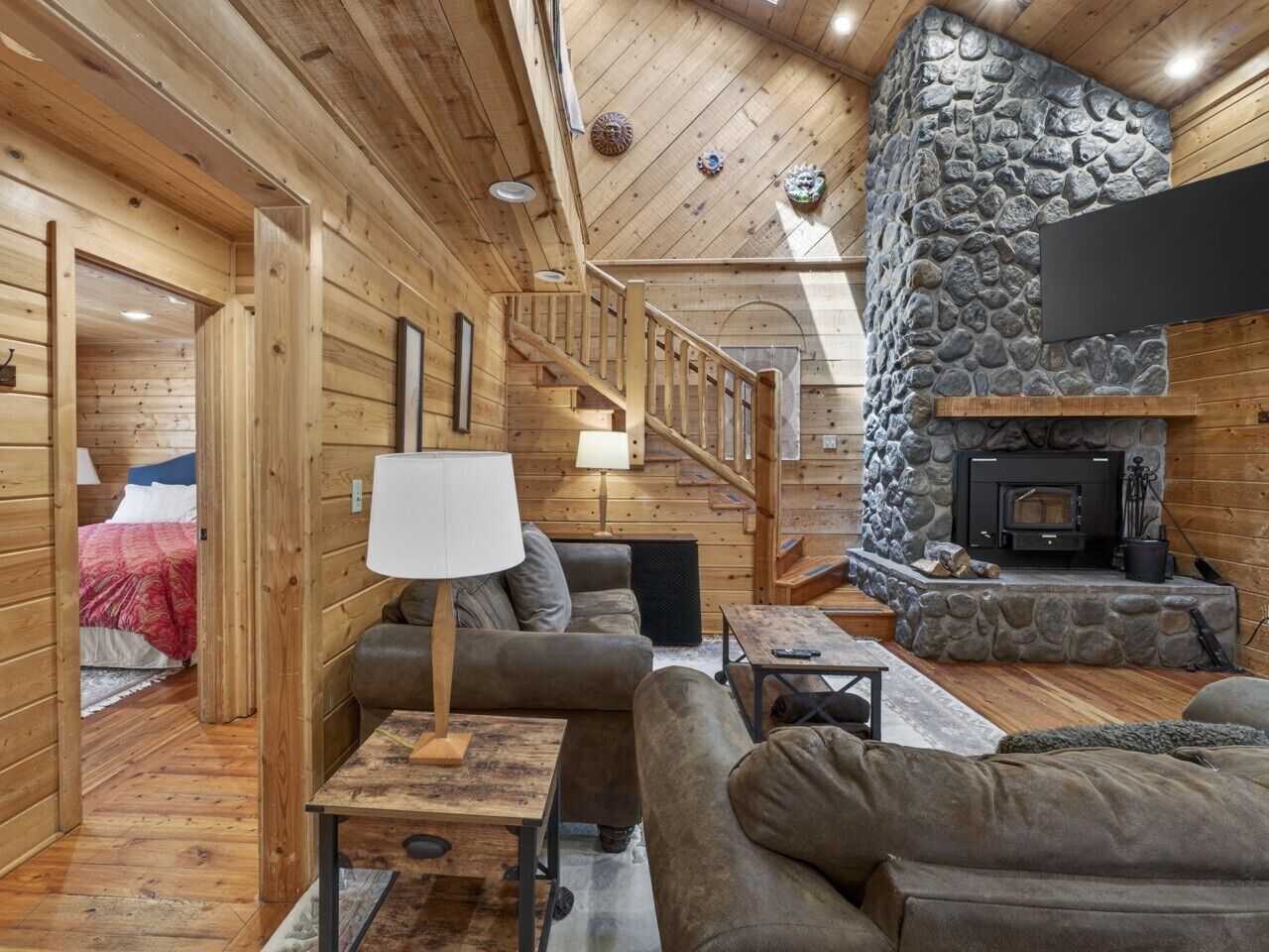 TV, fireplace, books, computer monitors