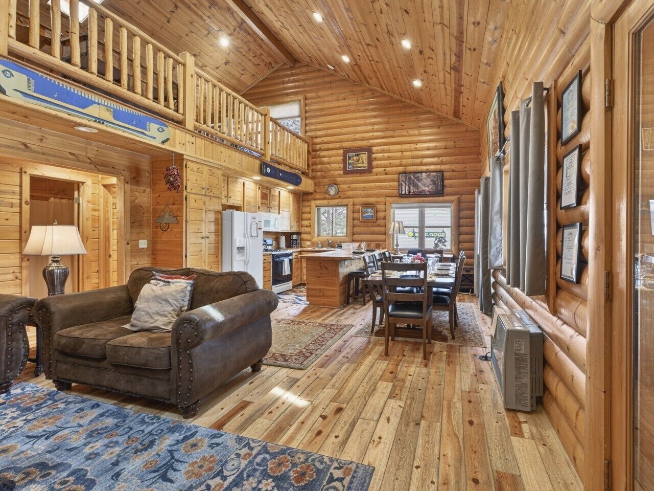 TV, fireplace, books, computer monitors