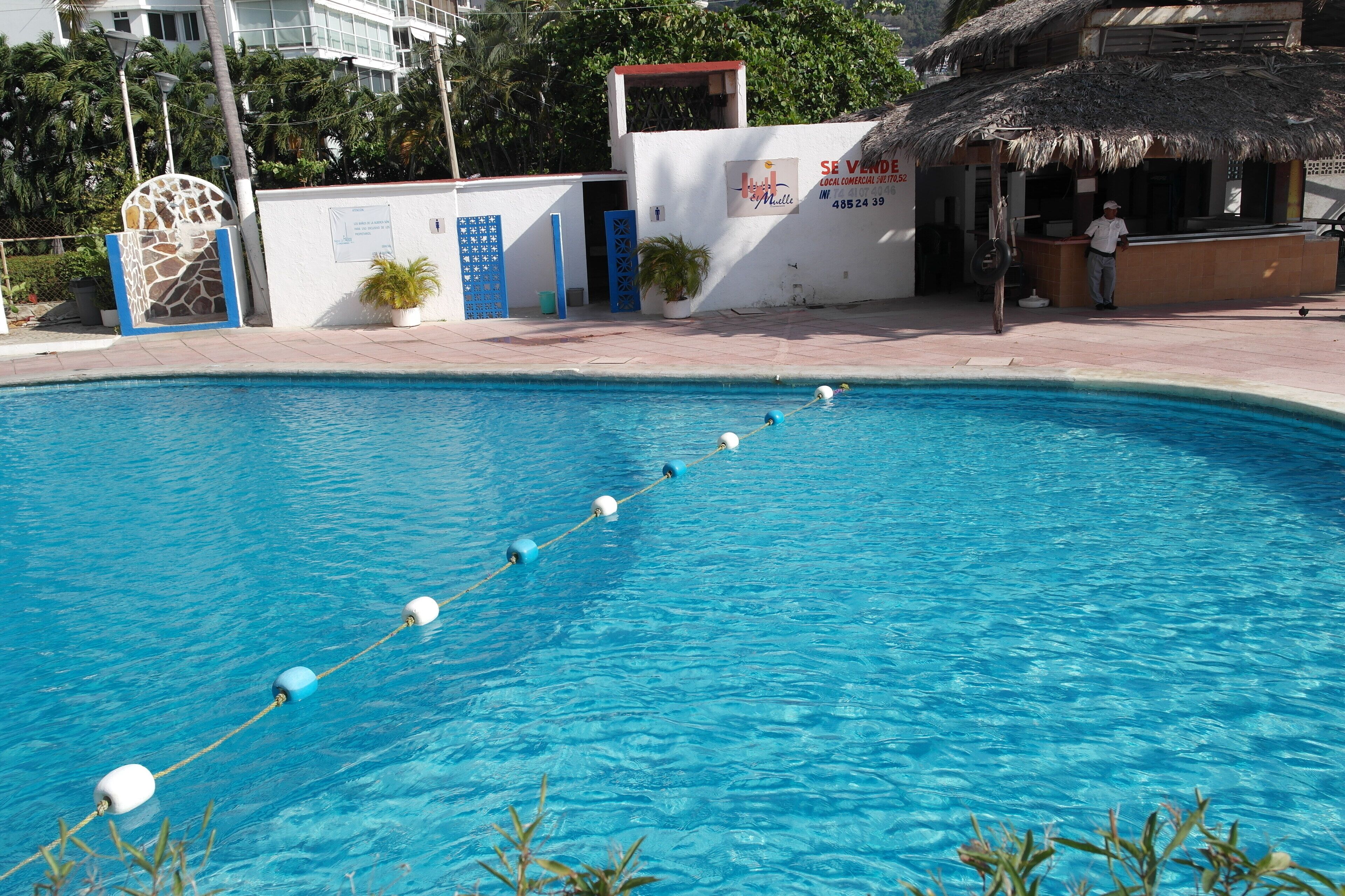 A swimming pool with a rope of floating buoys, a thatched-roof structure, and a sign with a phone number.