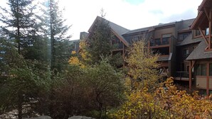 A lodge with a stone pathway, surrounded by autumn foliage and tall trees. - Stunning 2-BR Suite with Hot Tub & Mountain Views (Canmore)