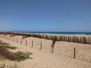 En sandstrand med ett trästaket och ett avspärrningsrep.