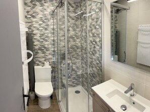 A modern bathroom with a glass-enclosed shower, a toilet, and a sink. - Spacious chalet - 10 guests (Châtel)