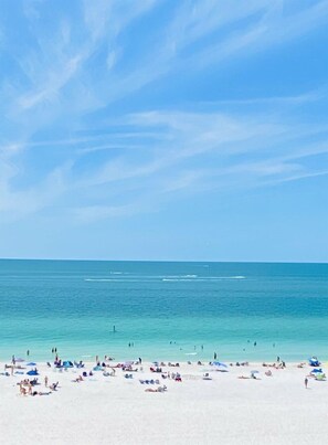 A beach with clear skies and calm waters. - 🐬 Beachfront Paradise, 9th Floor Apollo Condo with Gulf Views & King Bed (Marco Island)