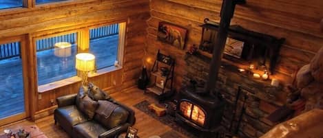 Smart TV, fireplace, books