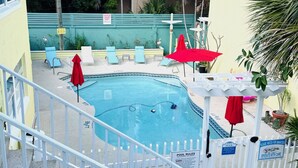 A swimming pool with lounge chairs and umbrellas, surrounded by a white fence and palm trees.