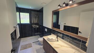 Shower, hair dryer, towels, soap
