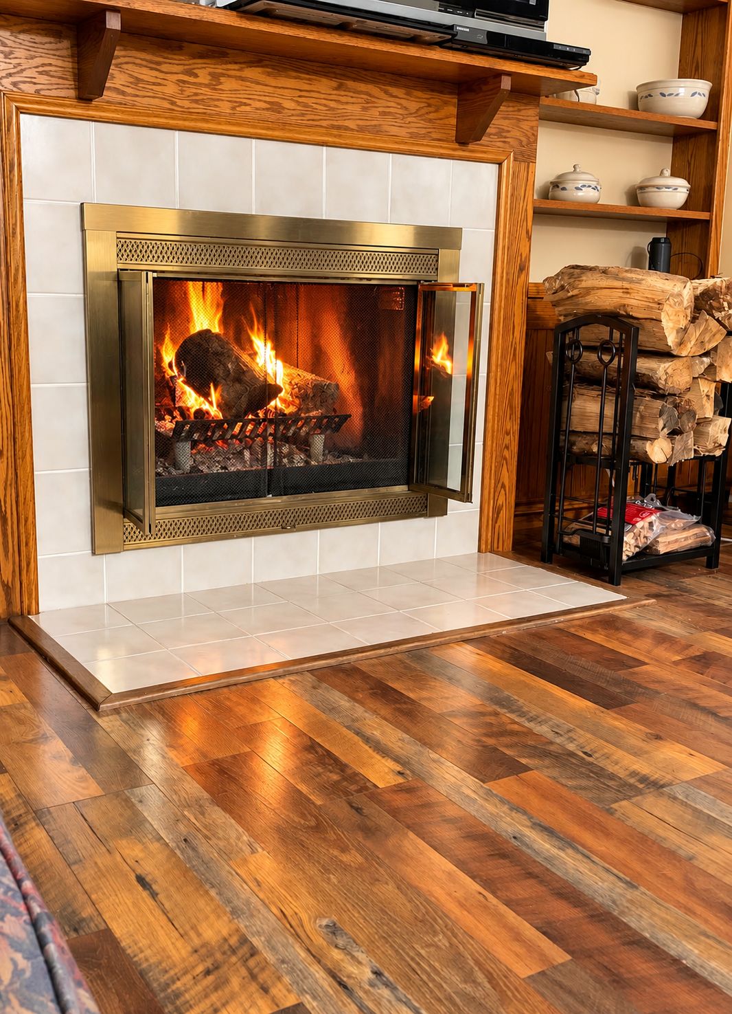 A fireplace with a metal frame and a tiled surround, a wooden floor, and a shelf with bowls and a coffee pot.