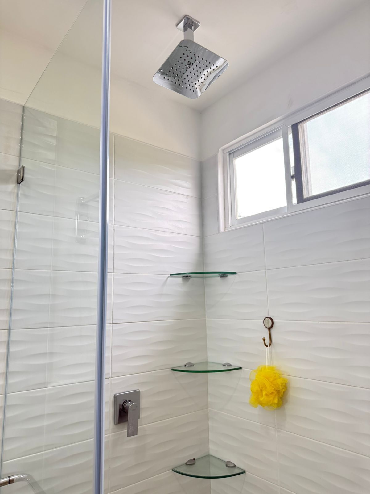 Shower, towels, soap, toilet paper