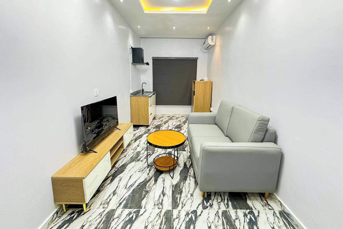 A modern living room with a grey sofa, a TV, a wooden side table, a small coffee table, and a kitchen area with a sink and cabinets.