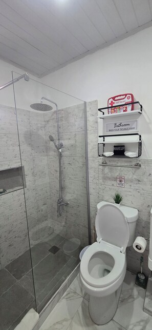 Douche, serviettes fournies, savon, papier toilette