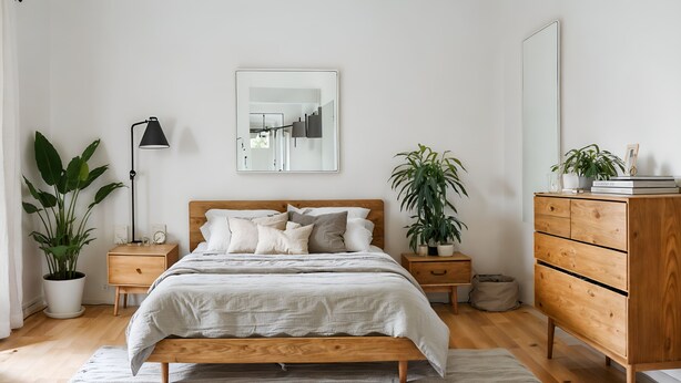 Un dormitorio con una cama de madera, mesitas de noche, un aparador y plantas en macetas.