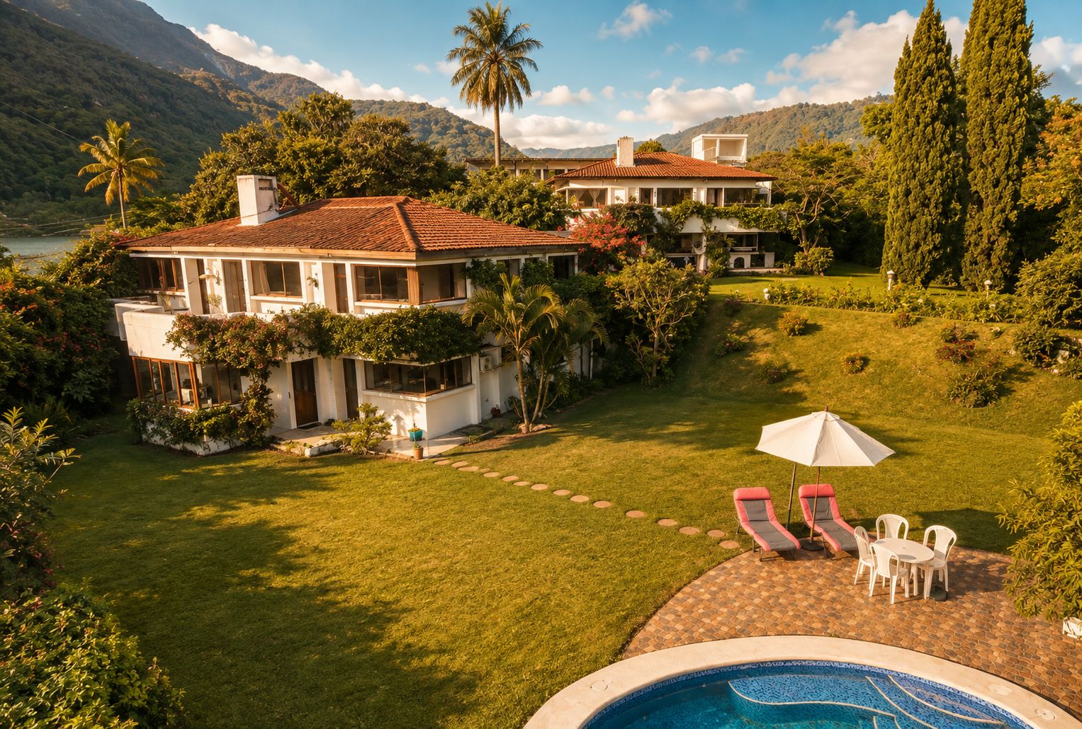 Ein zweistöckiges Haus mit Swimmingpool, umgeben von üppiger Vegetation und Bergen.