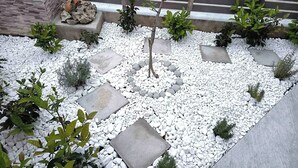 Een tuin met witte kiezelstenen, kleine planten en stenen platen.