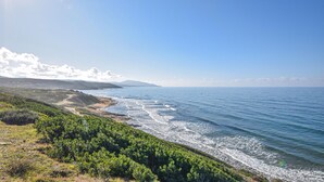 A coastal landscape with a clear sky, a beach, and vegetation.