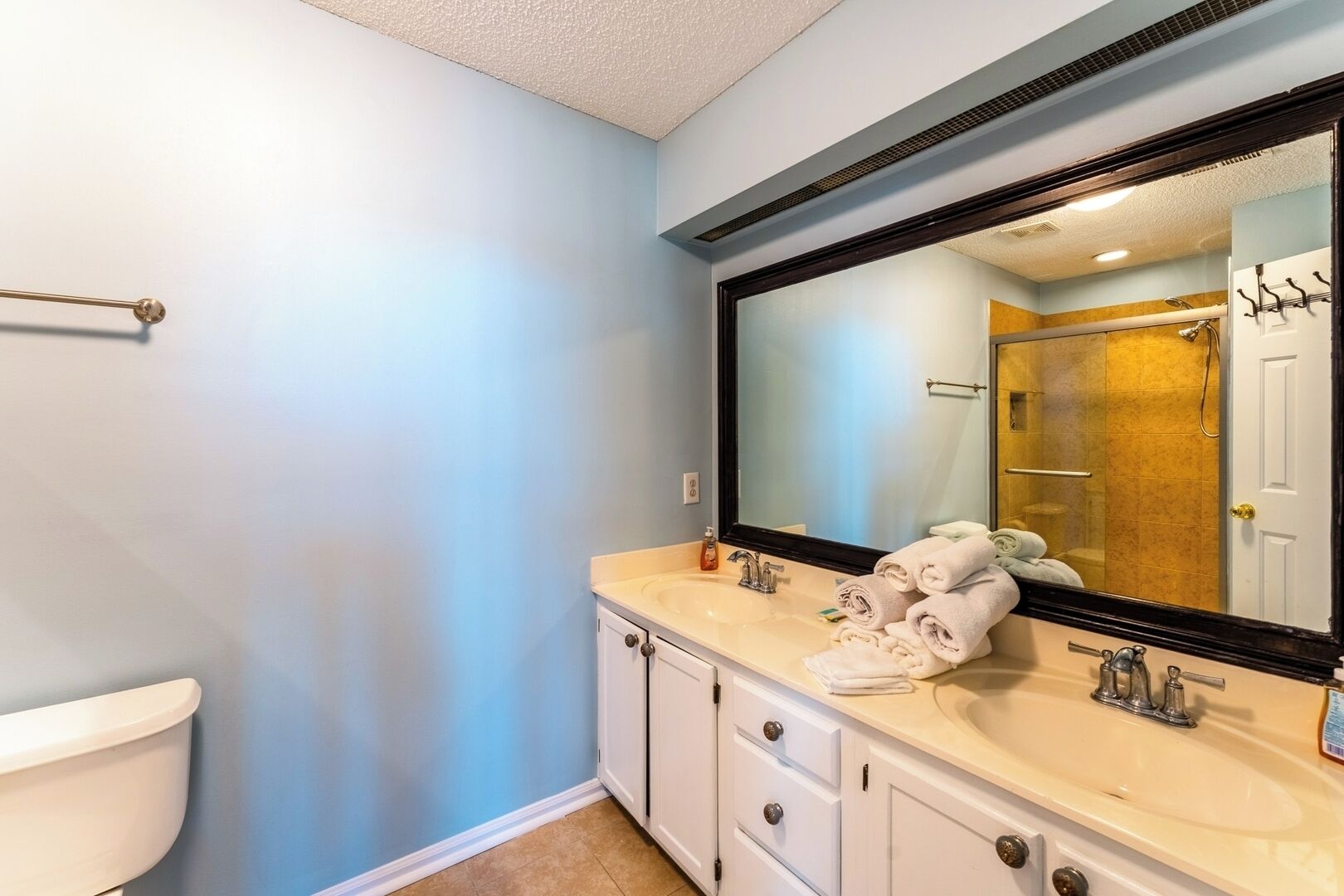Une salle de bain avec des toilettes blanches, un lavabo beige avec un grand miroir et une zone de douche visible dans le reflet.