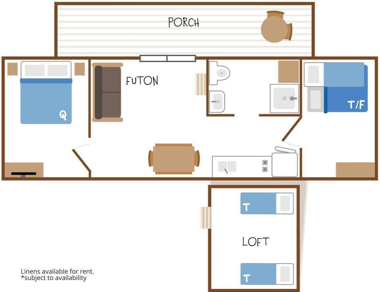Distribución de un hotel con porche, futón, kitchenette y dos dormitorios.