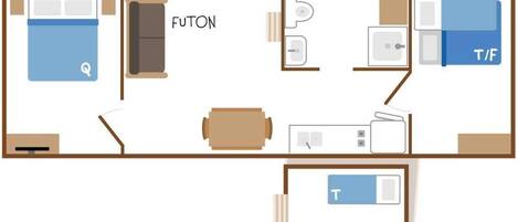 Distribución de un hotel con porche, futón, kitchenette y dos dormitorios.