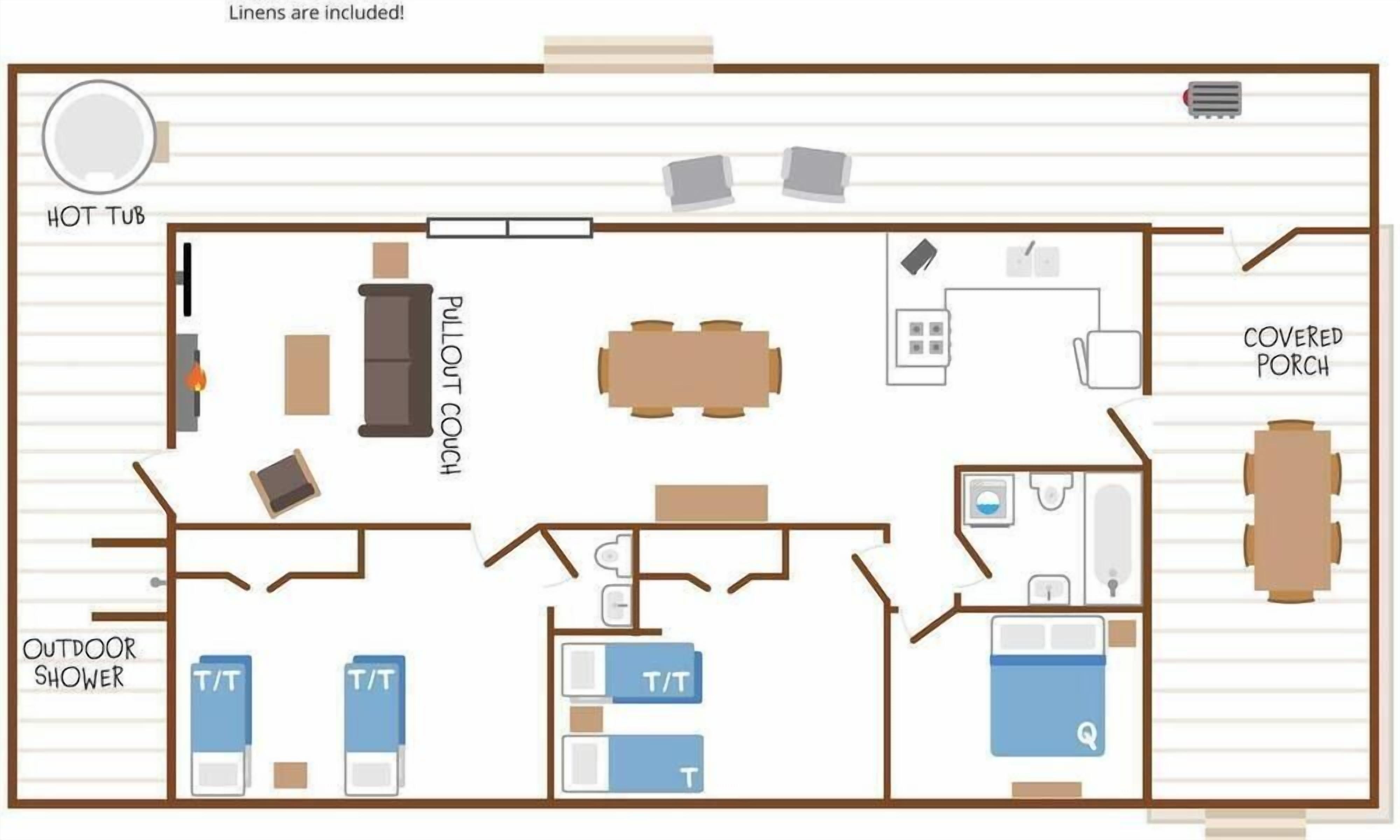 A hotel room layout with a hot tub, outdoor shower, pull-out couch, covered porch, and a kitchenette.