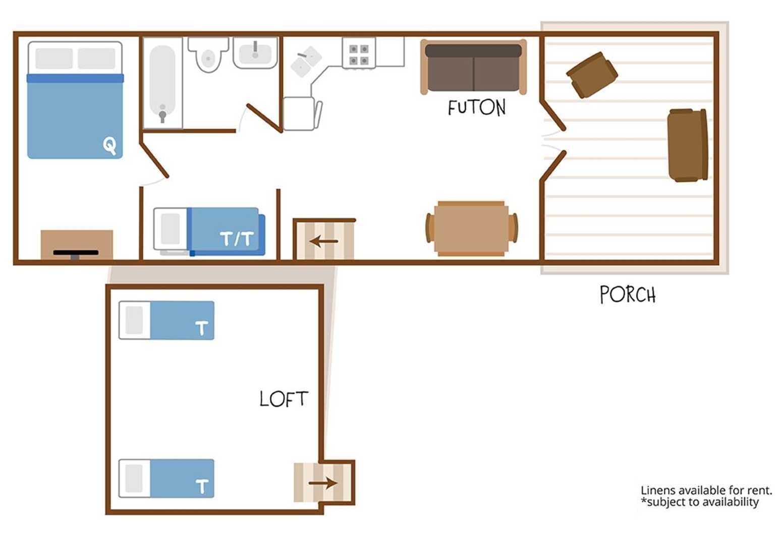 A hotel room layout with a bed, bathroom, kitchenette, futon, and loft area.