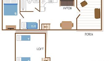A hotel room layout with a bed, bathroom, kitchenette, futon, and loft area.