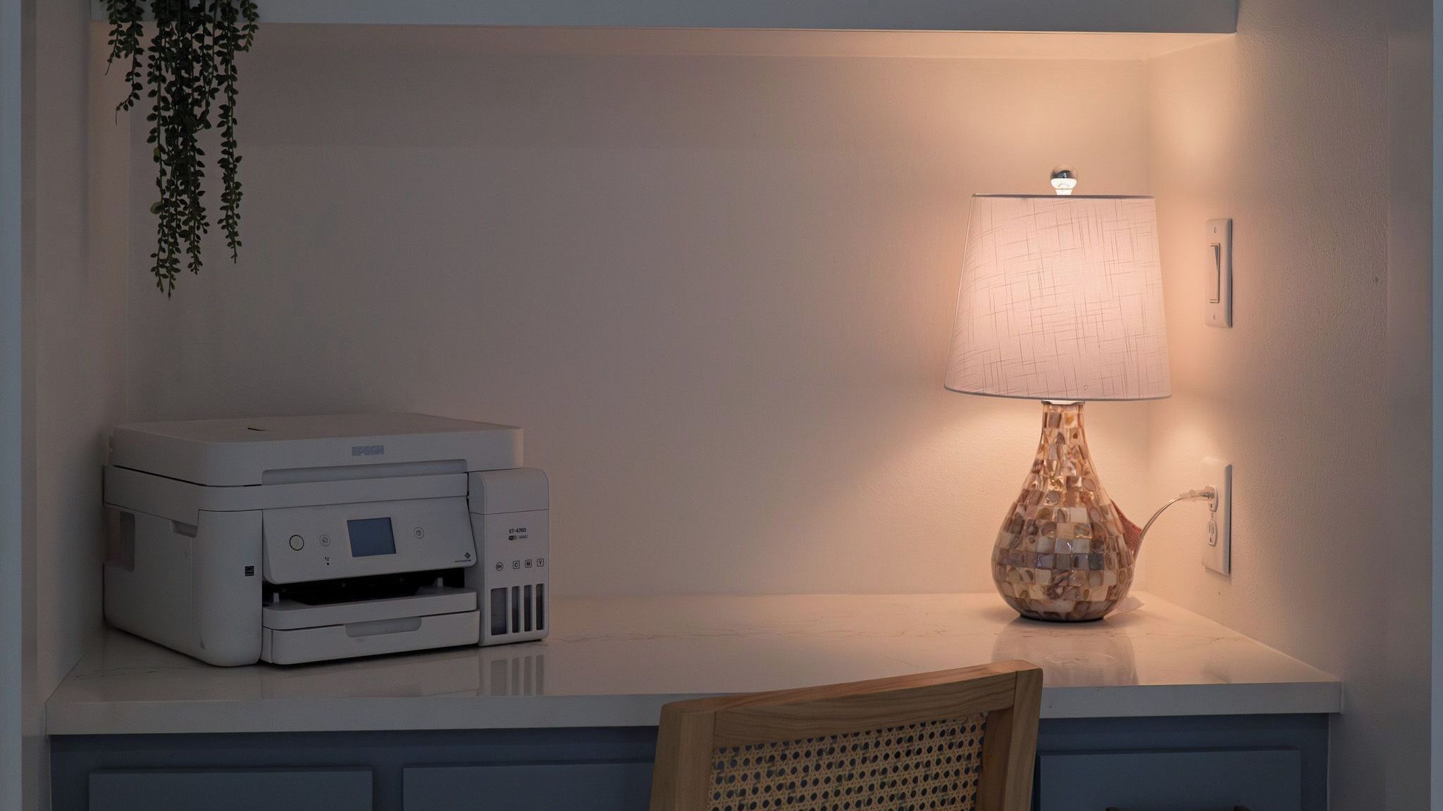 A printer on a desk with a lamp and a hanging plant.