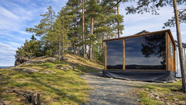 Eine Hütte mit großem Fenster, umgeben von Bäumen und einem Kiesweg.