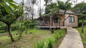 A wooden house with a porch, surrounded by lush greenery and trees. - Finca Amistad Cacao Lodge (Bijagua)