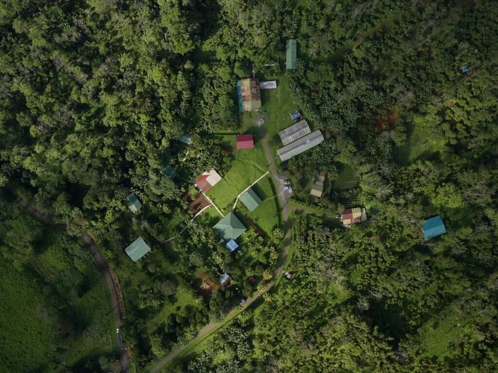 An aerial view of a rural property with several buildings, including a main house with a red roof, surrounded by dense forest.