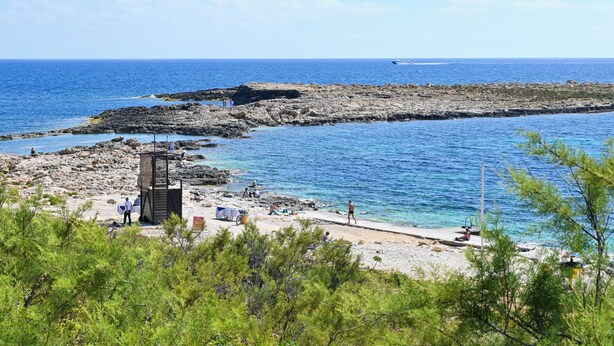 Ein felsiger Strand mit klarem, blauem Wasser, einem Rettungsturm und spärlicher Vegetation.