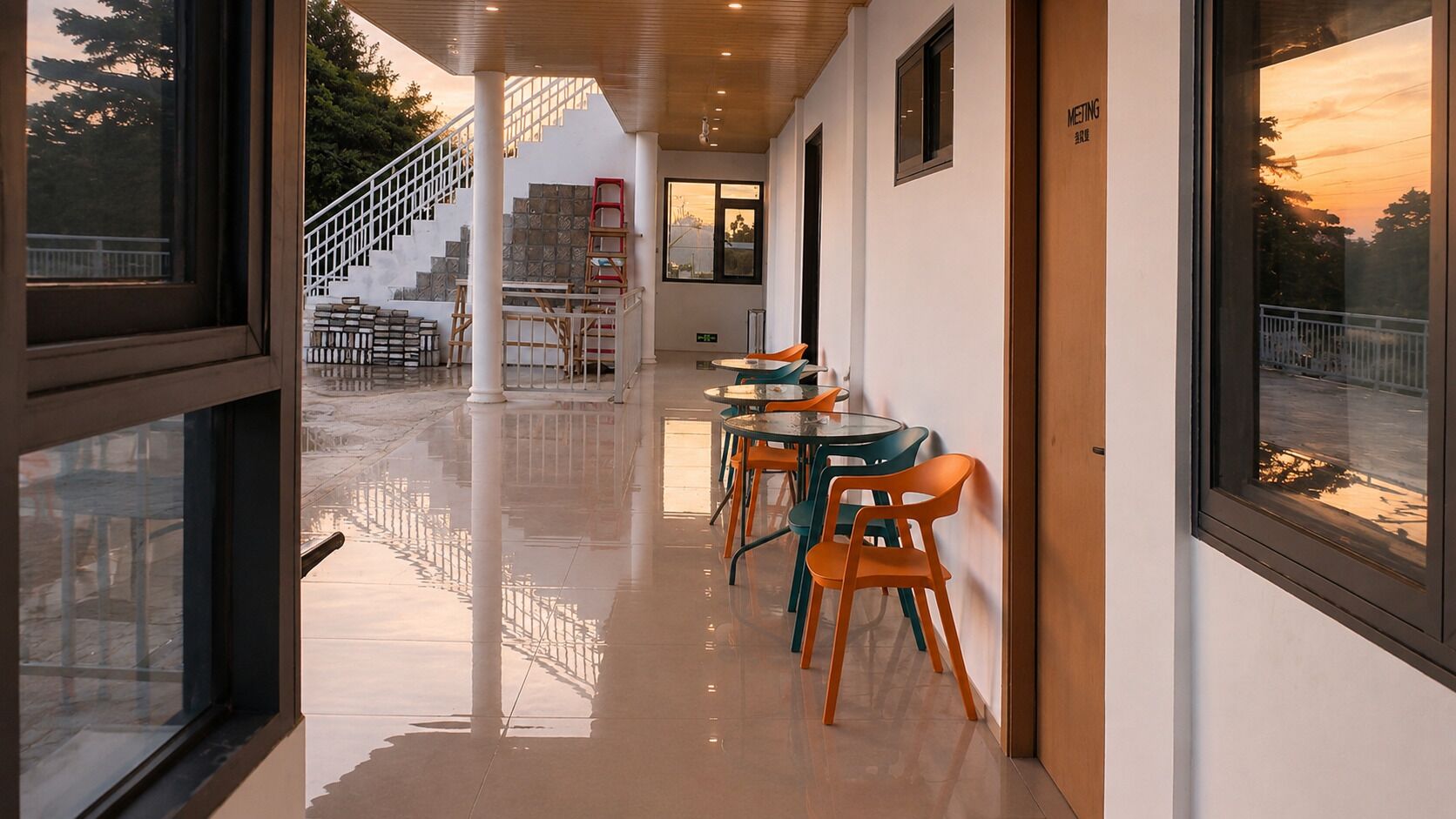 Um corredor com escadaria, uma mesa de vidro com cadeiras e vista para o exterior.