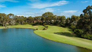 A golf course with a pond, surrounded by trees and a clear sky.