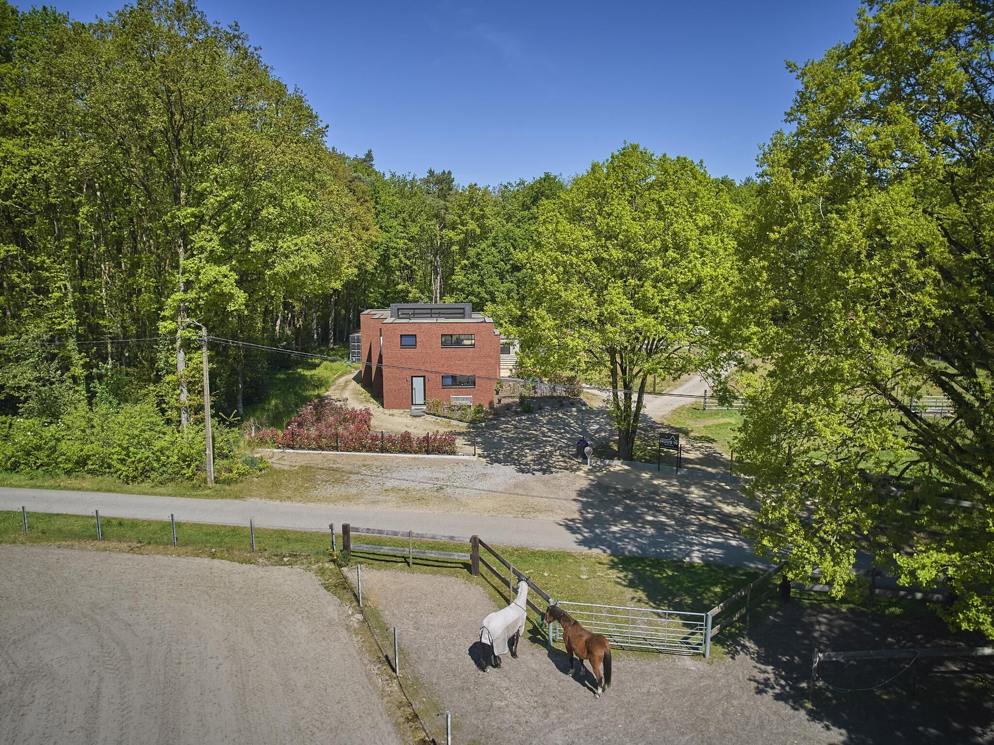 Un paysage rural avec un bâtiment en briques rouges, un chemin de terre et des chevaux.