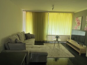 Una sala de estar con un sofá modular, un televisor, una mesita con una planta y un radiador.
