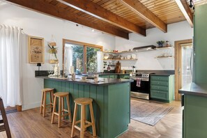 Fridge, microwave, oven, stovetop - A-Frame Retreat + Fireplace + Game Loft + Deck | Near Lake | Bernina (Lake Arrowhead)