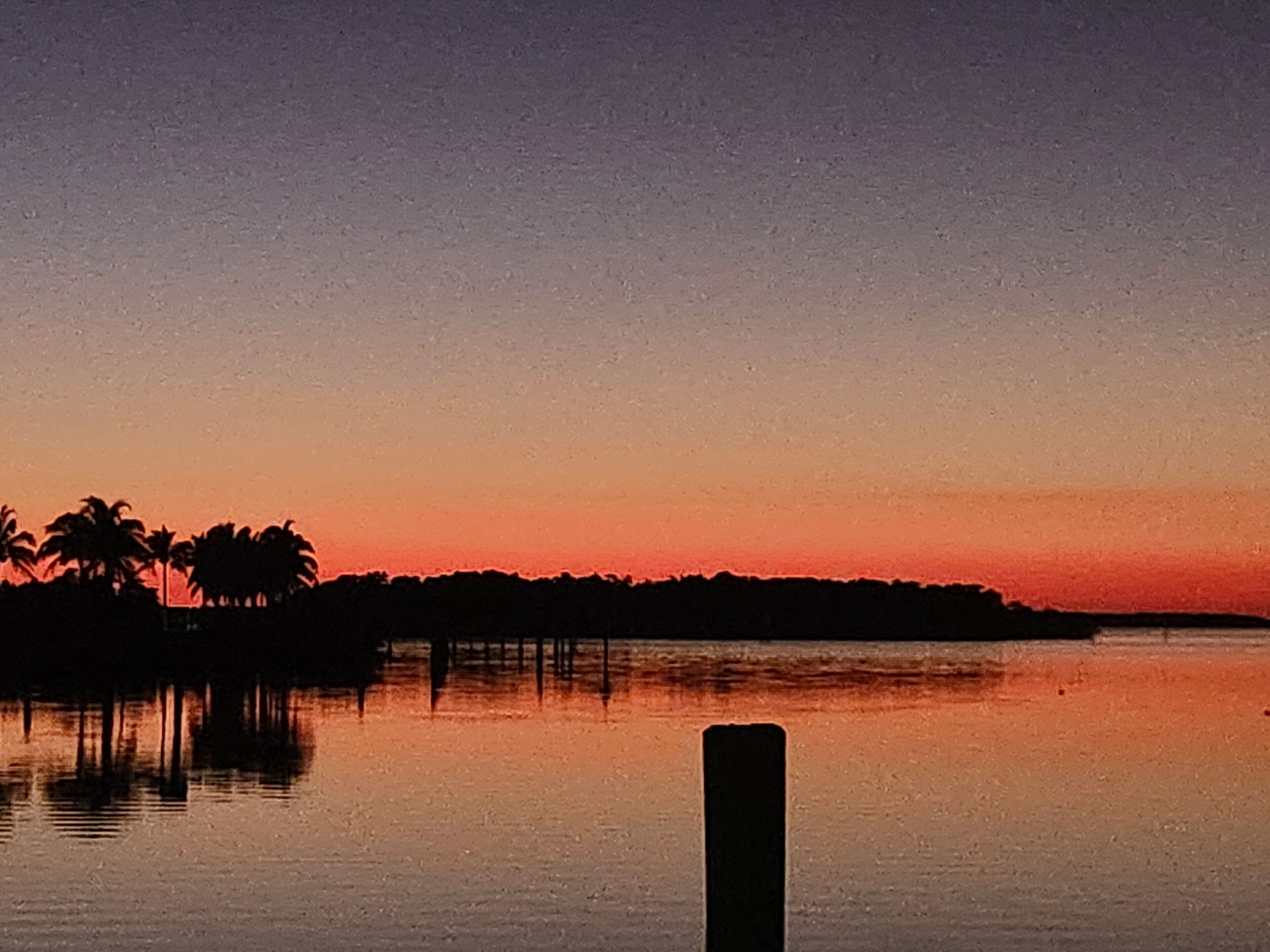 A sunset over a calm body of water with palm trees silhouetted against the sky.