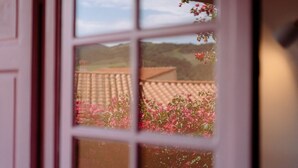 Finestra amb vista a la teulada d'un edifici i flors roses.
